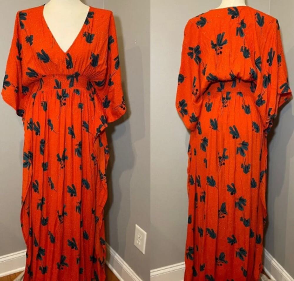 Bel Kazan Ania Red with Botanic Print Caftan Dress sz S/M